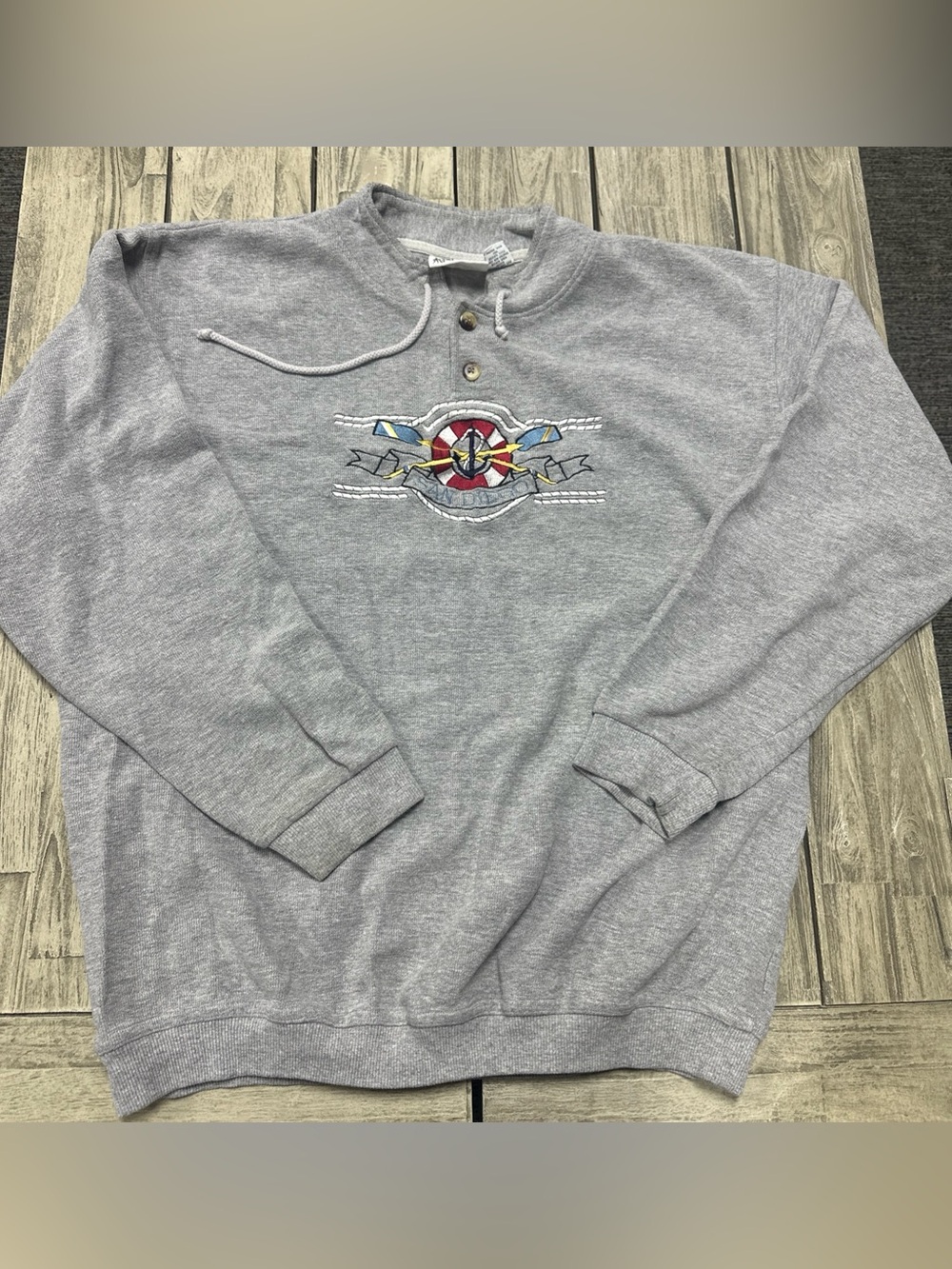 VTG 90s Diport USA Henely Collar Sweatshirt San Diego Boat Embroidery 2XL Preppy